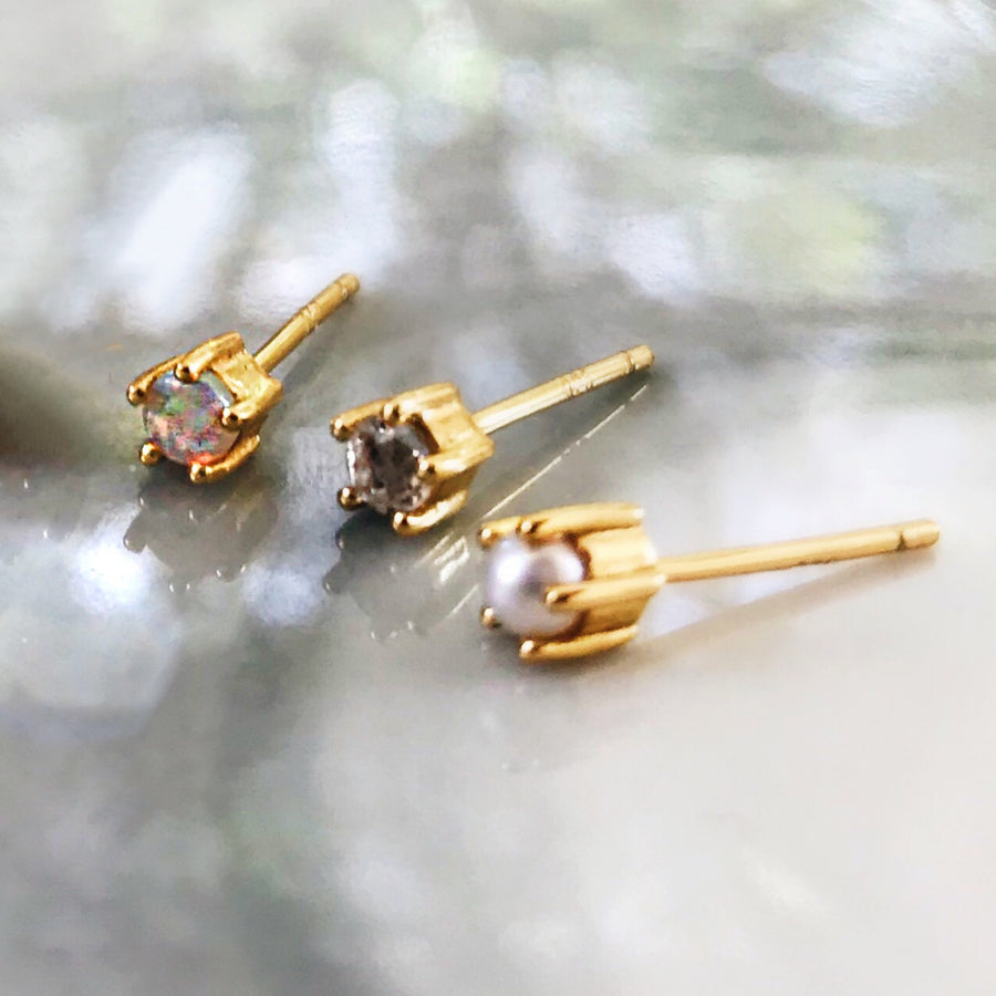 Australian white opal, pearl, diamond ear studs. Mismatched gold studs. 