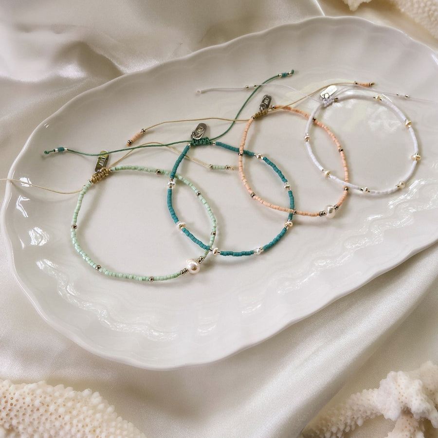 4 dainty beaded bracelets with tiny pearls in mint, turquoise, blush pink and white