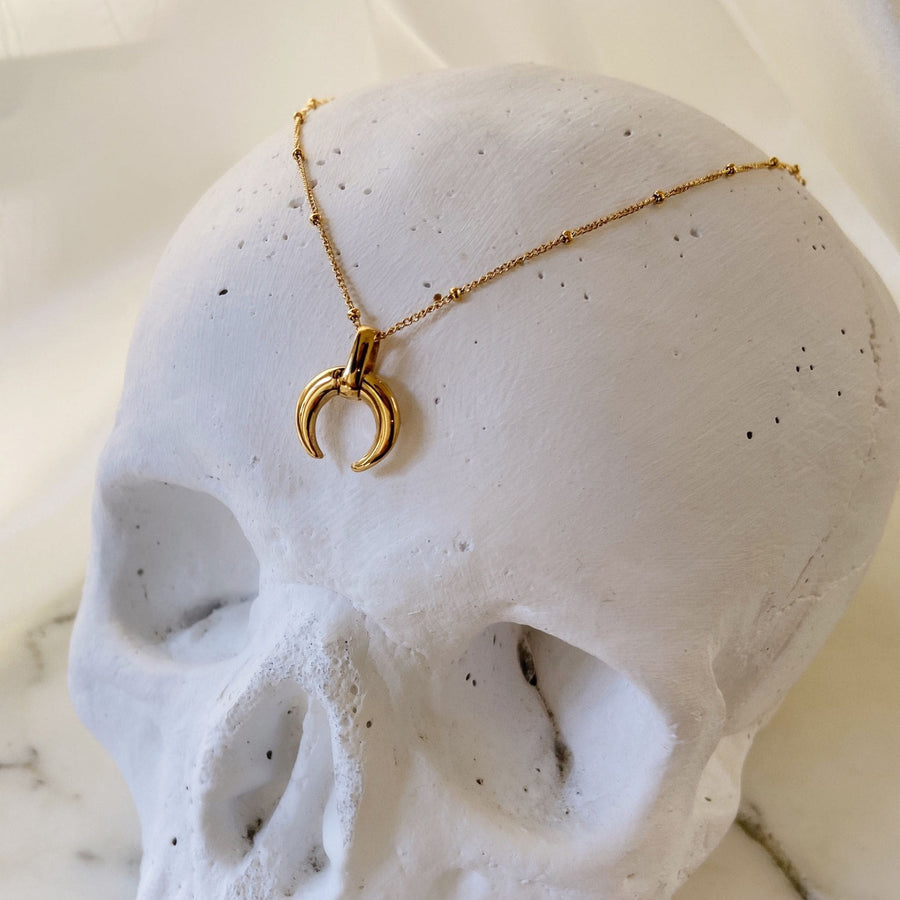 xena gold necklace resting on a skull