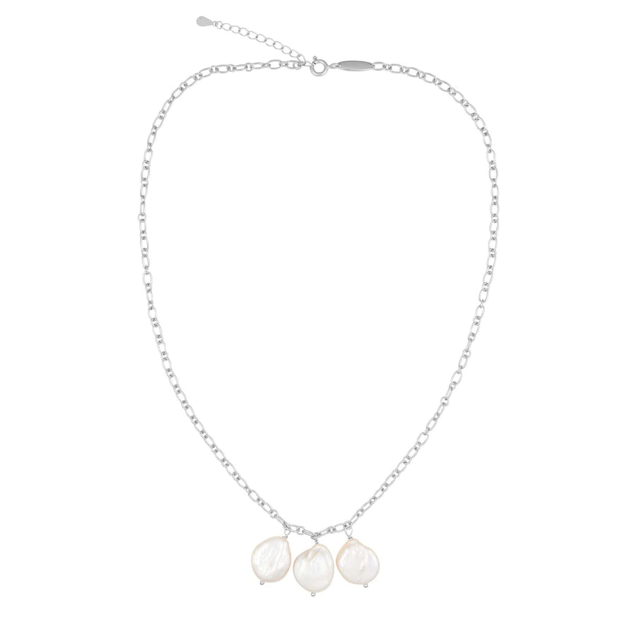 three baroque pearls on silver necklace