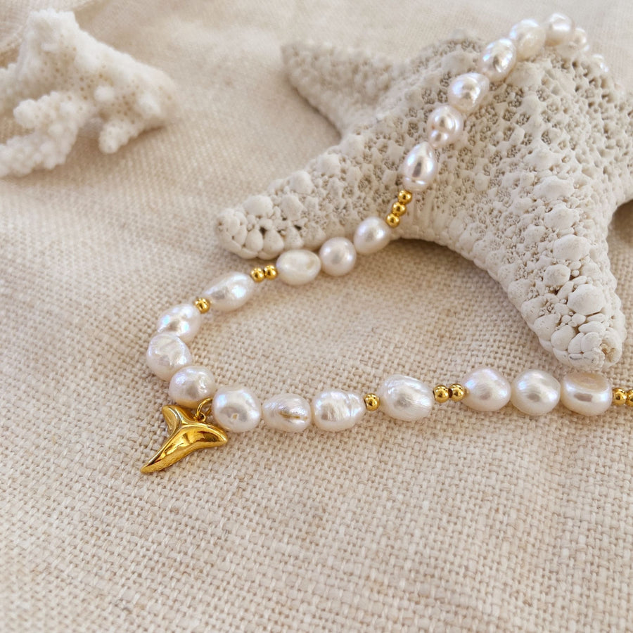 gold shark tooth necklace with pearls