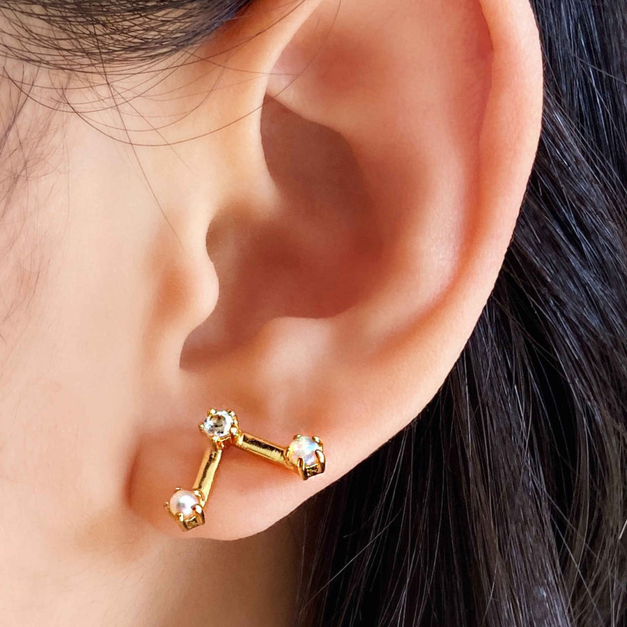 Australian white opal, pearl, diamond mismatched earrings. Constellation ear studs