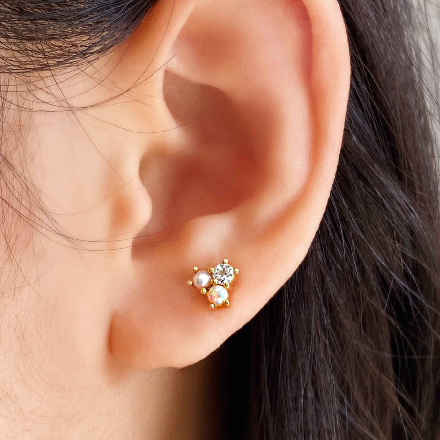 Australian white opal, pearl, diamond mismatched earrings. Constellation ear studs