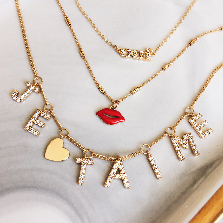 Je t'aime necklace gold diamond red lip necklace oui necklace