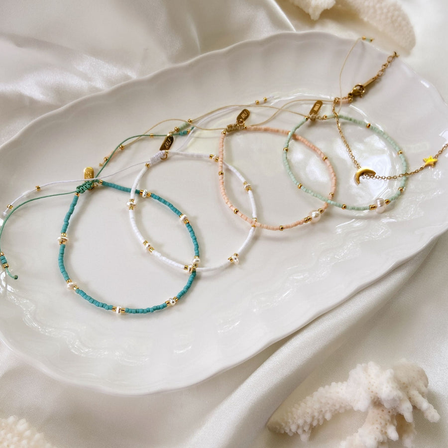 turquoise and mint beaded pearl bracelets