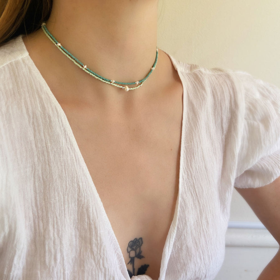elegant beaded pearl necklaces in turquoise and mint