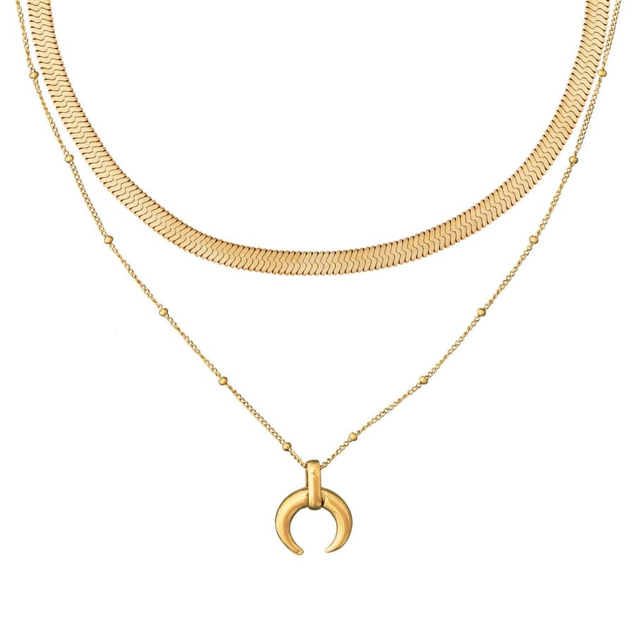flat snake chain layered with horn necklace in gold