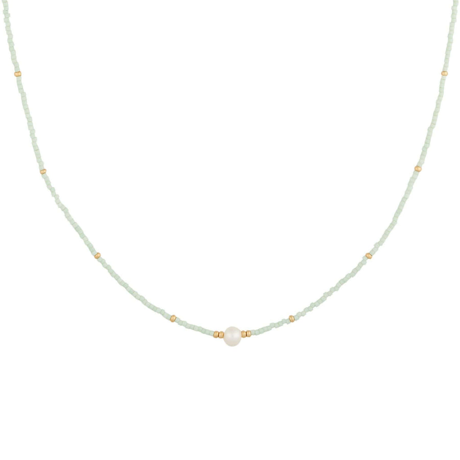 mint beaded necklace in gold with pearl