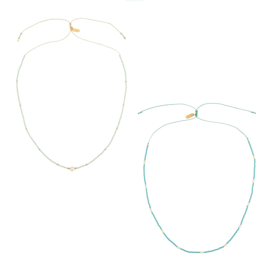 set of 2 turquoise and mint beaded necklaces in gold