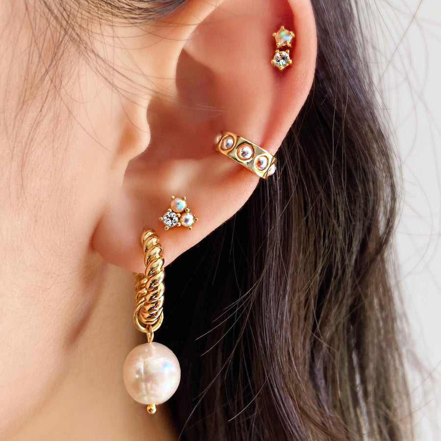 Australian white opal, pearl, diamond ear studs. Mismatched gold studs.