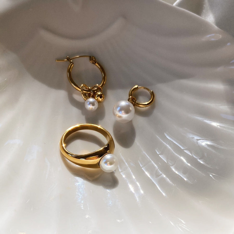 matching pearl ring and hoop earrings