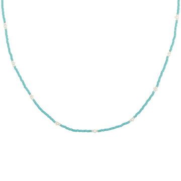 turquoise beaded necklace in silver with tiny pearls
