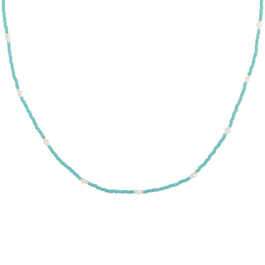 turquoise beaded necklace in silver with tiny pearls