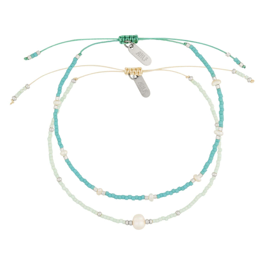 turquoise and mint beaded bracelets in silver