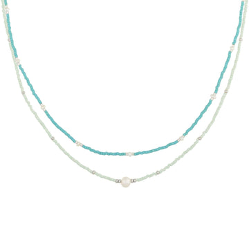 set of 2 turquoise and mint beaded necklaces in silver