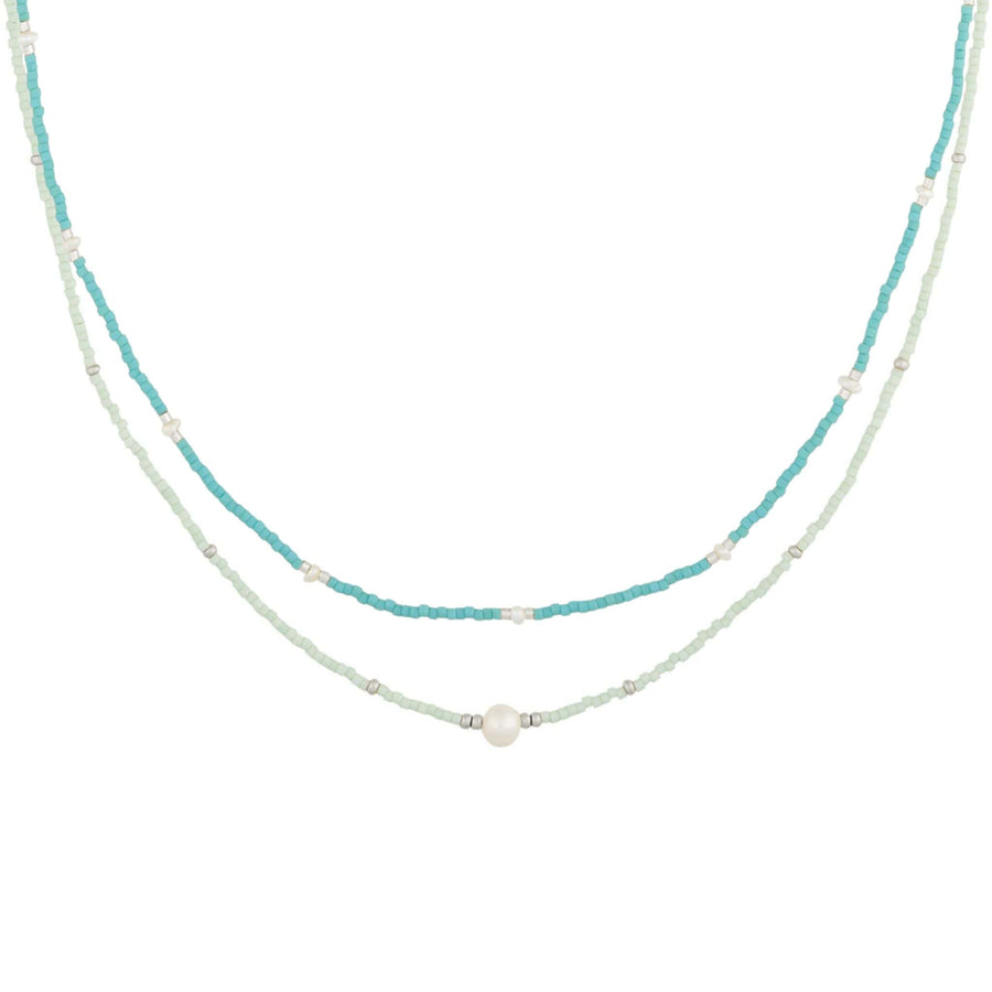 set of 2 turquoise and mint beaded necklaces in silver